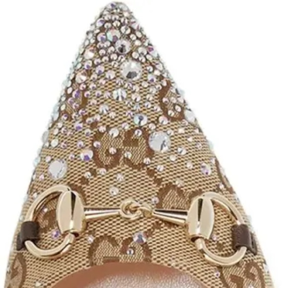 Pointed-Toe slingback crystal embellished heels with Gold Horsebit hardware - Picture 5 of 5